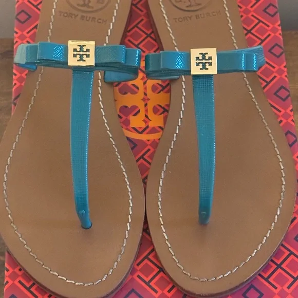Tory Burch Leighanne Flat Thong Aquarius Size 7 - Picture 2 of 6